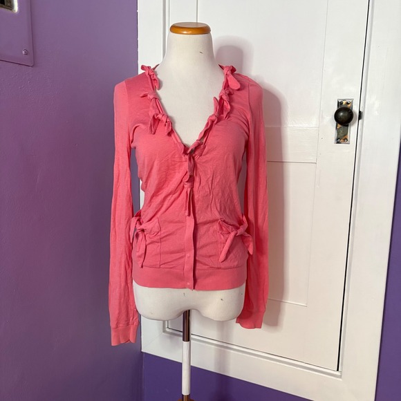 Anthropologie Leifsdottir Linen‎ Pink Bow Ruffle Cardigan Tie Top Extra Small - Picture 1 of 7